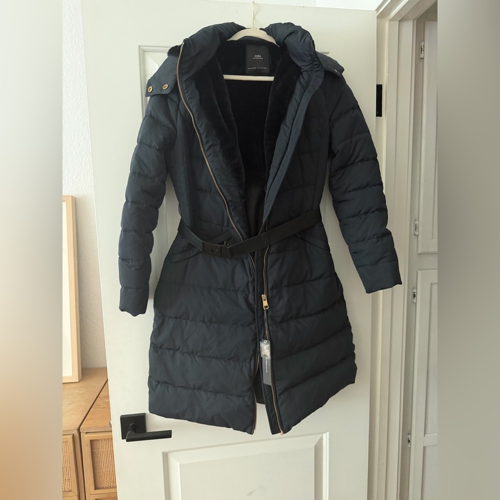 Nwt Zara Navy Down Puffer Coat Belted Faux Fur Hood water wind protection